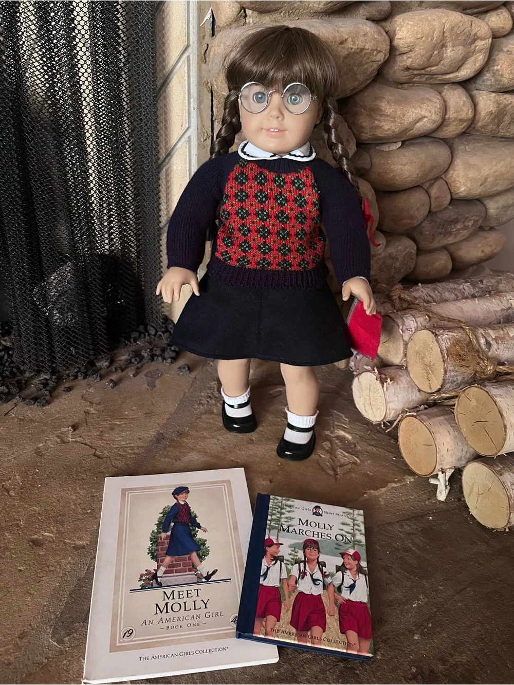 American Girl Molly Doll with Red & Navy Knit Sweater